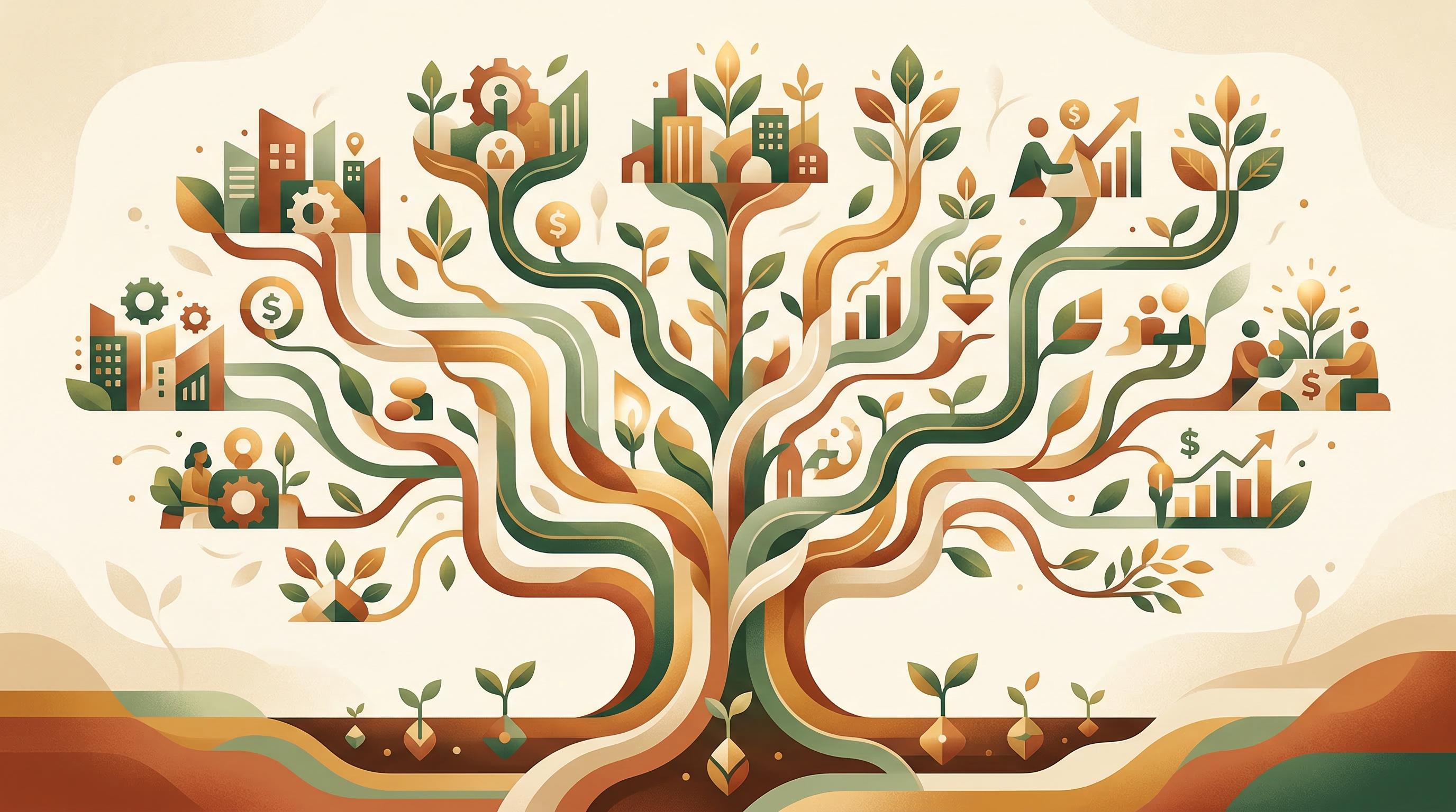 Abstract illustration of seeds growing into diverse business paths with organic growth patterns